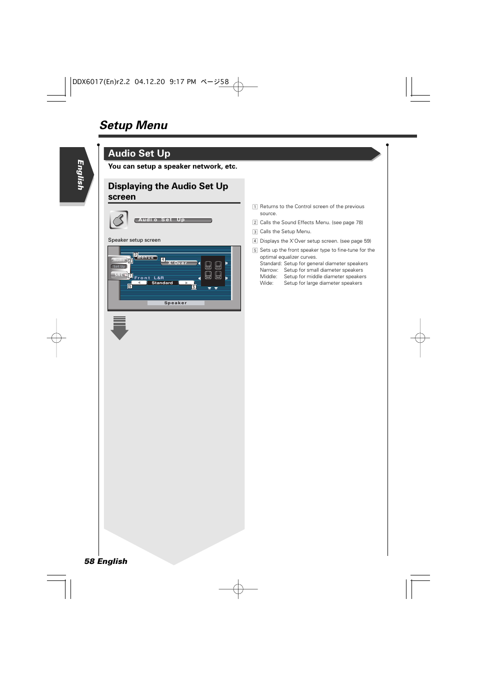 Setup menu, Audio set up, Displaying the audio set up screen | English 58 english, You can setup a speaker network, etc | Kenwood DDX6017 User Manual | Page 58 / 92