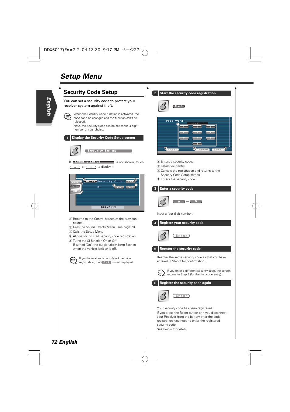 Setup menu, Security code setup, English 72 english | Kenwood DDX6017 User Manual | Page 72 / 92