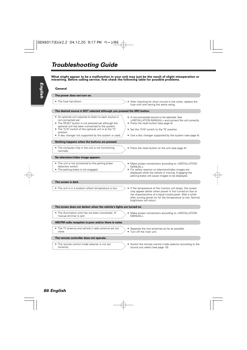 Troubleshooting guide, 86 english english | Kenwood DDX6017 User Manual | Page 86 / 92