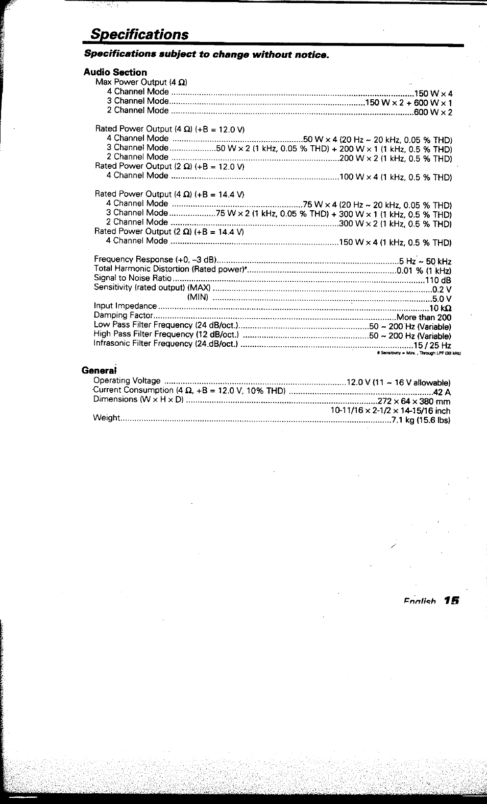 Specifications subject to change without notice, Audio section, General | Specifications | Kenwood KAC-X501F User Manual | Page 15 / 15