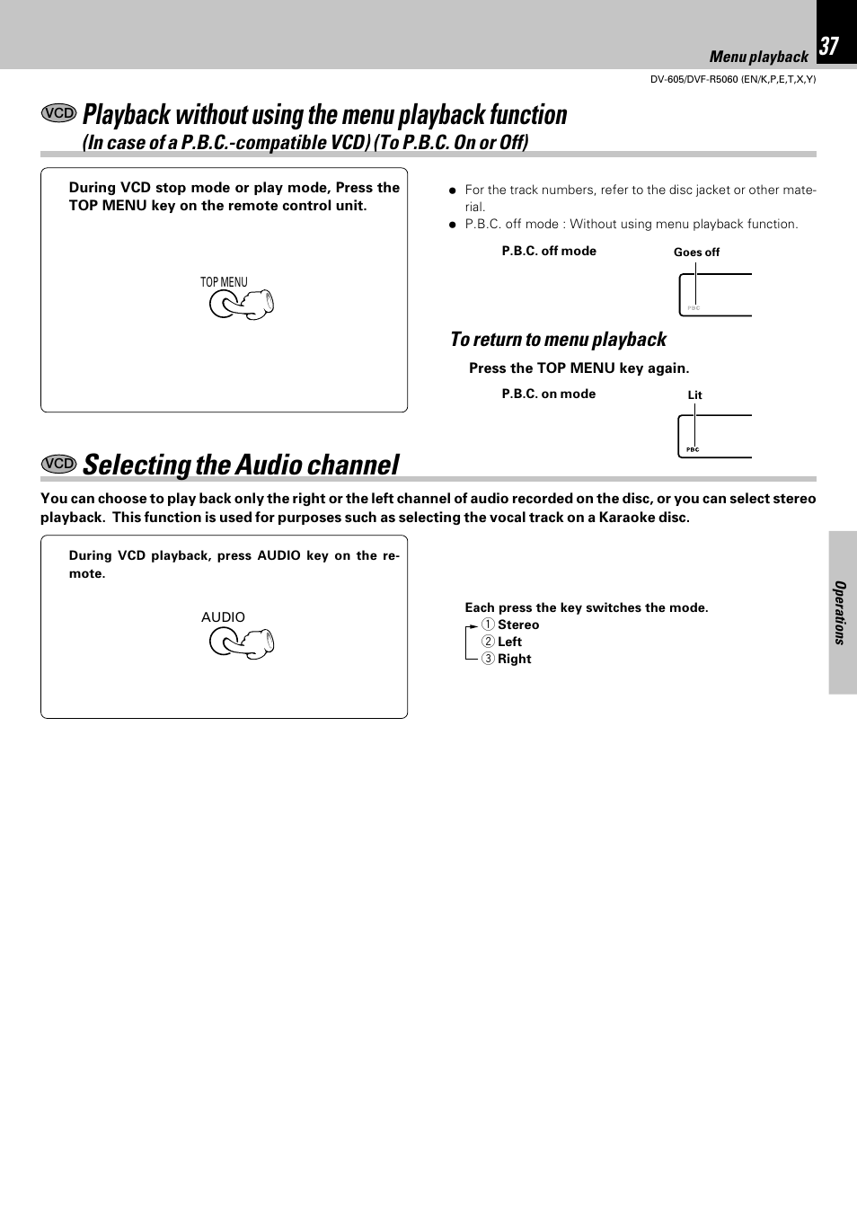 Selecting the audio channel, Playback without using the menu playback function | Kenwood DVF-R5060 User Manual | Page 37 / 48