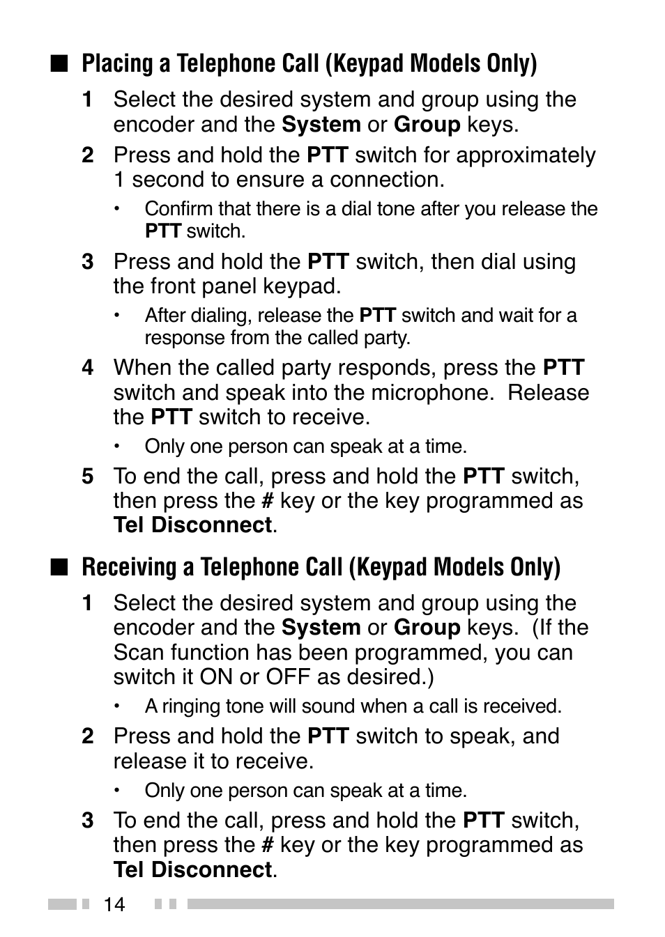 Placing a telephone call (keypad models only), Receiving a telephone call (keypad models only) | Kenwood TK-380 User Manual | Page 19 / 37