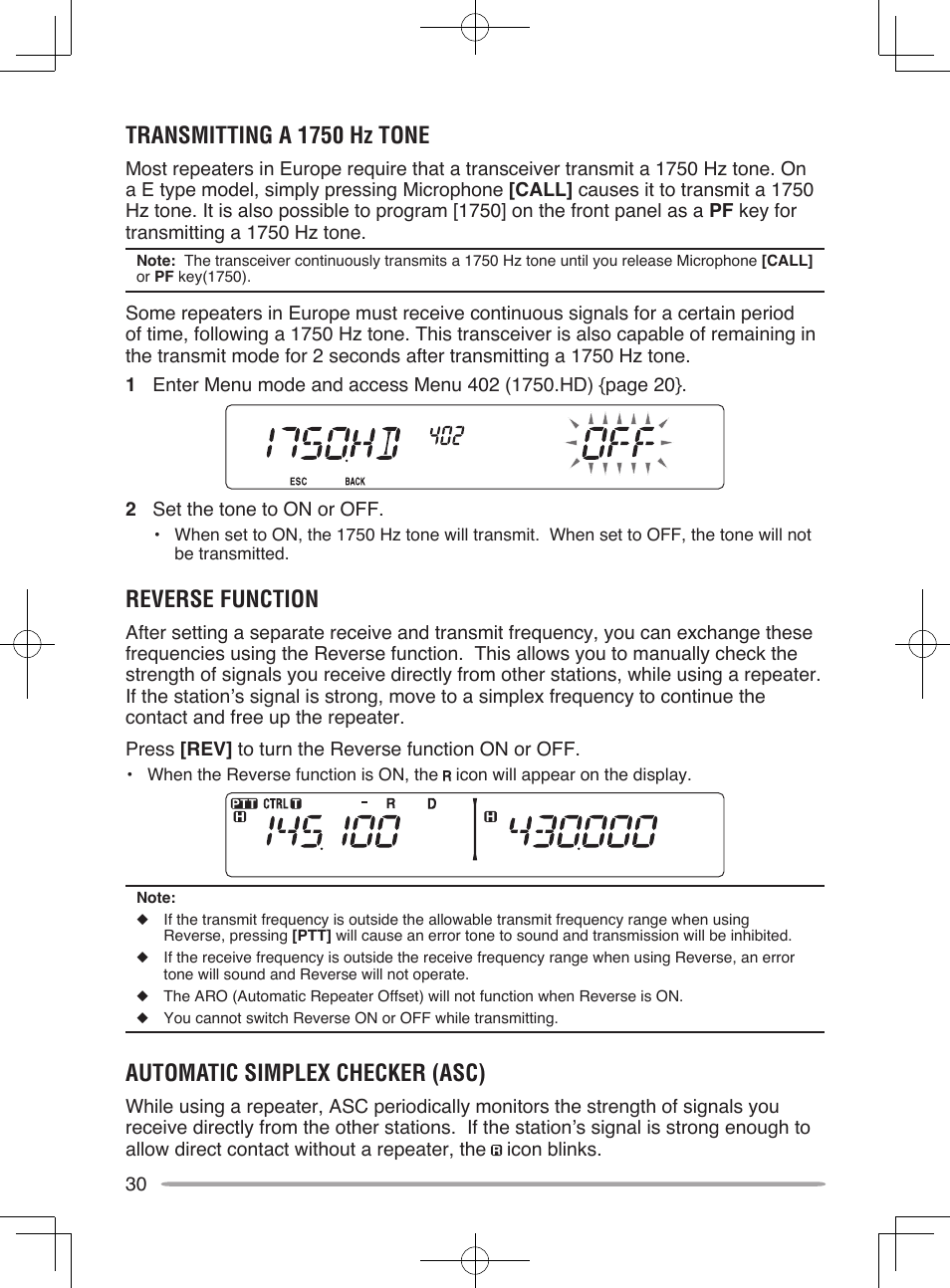Transmitting a 1750 hz tone, Reverse function, Automatic simplex checker (asc) | Kenwood TM-V71E User Manual | Page 38 / 107