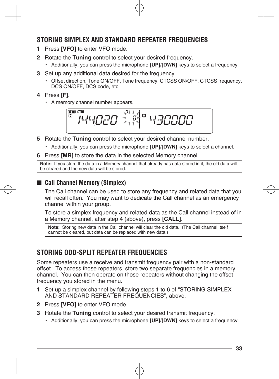 Storing simplex and standard repeater frequencies, Storing odd-split repeater frequencies | Kenwood TM-V71E User Manual | Page 41 / 107