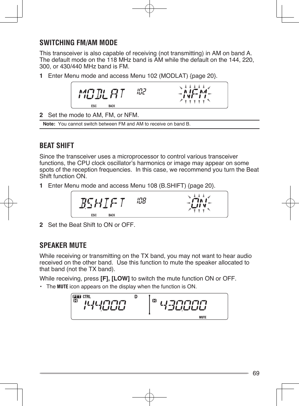 Switching fm/am mode, Beat shift, Speaker mute | Kenwood TM-V71E User Manual | Page 77 / 107