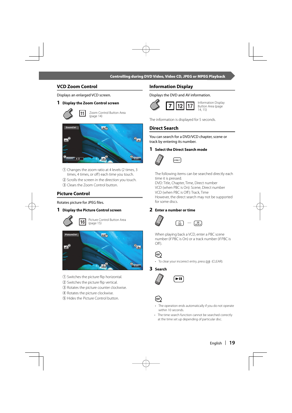 Vcd zoom control, Picture control, Information display | Direct search | Kenwood DDX6019 User Manual | Page 19 / 88