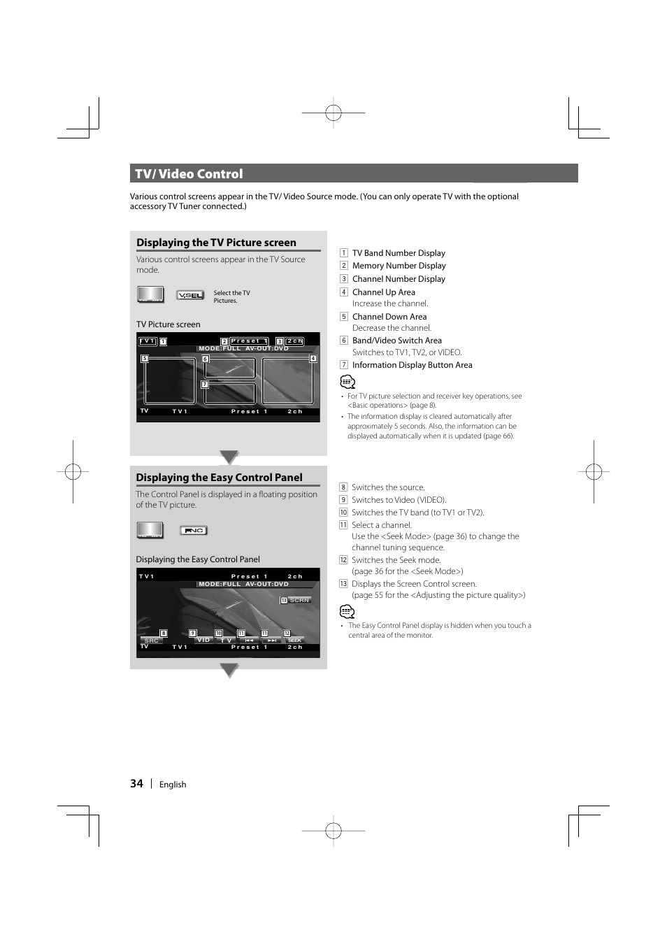 Tv/ video control, Displaying the tv picture screen, Displaying the easy control panel | Kenwood DDX6019 User Manual | Page 34 / 88