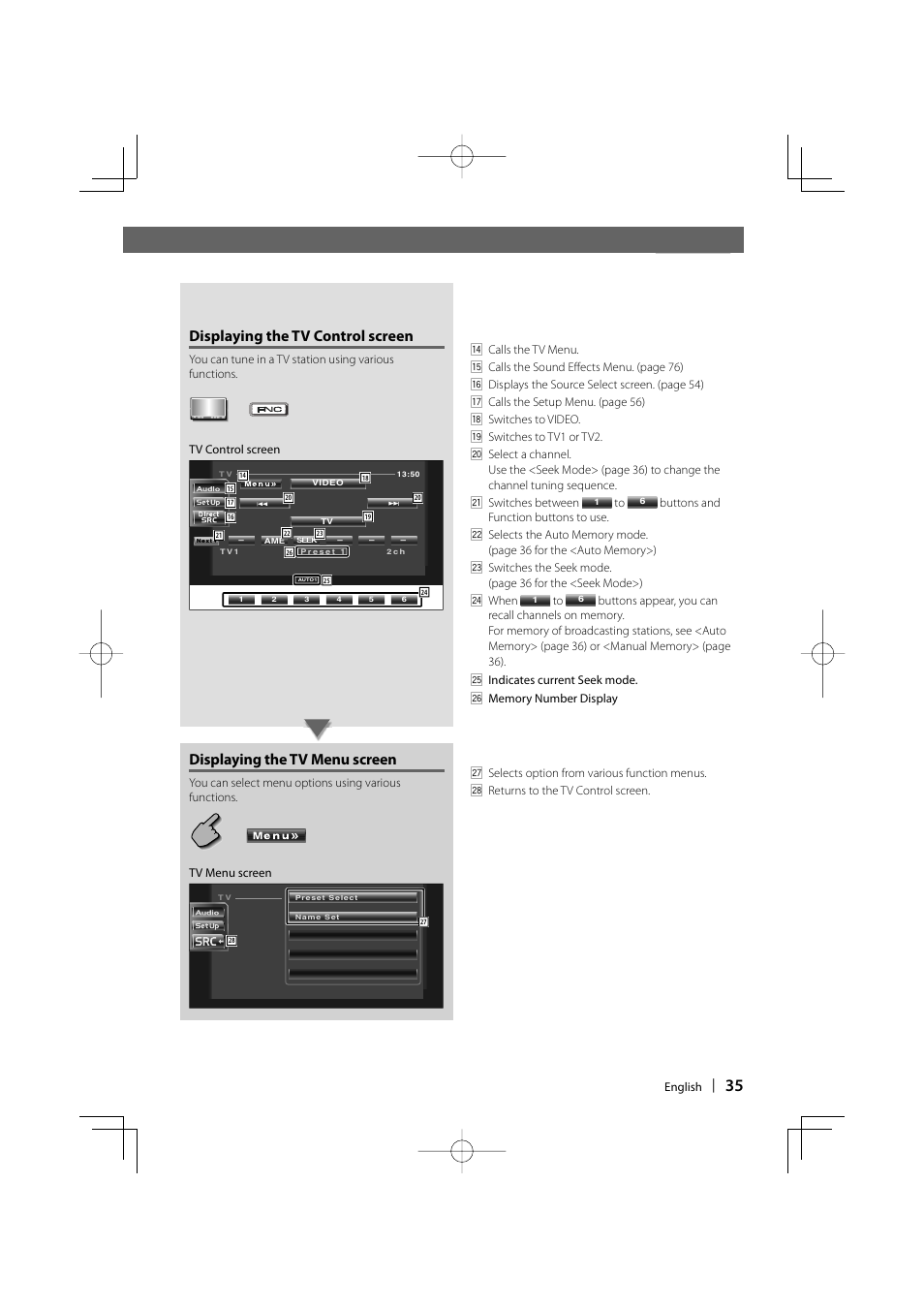 Displaying the tv control screen, Displaying the tv menu screen | Kenwood DDX6019 User Manual | Page 35 / 88