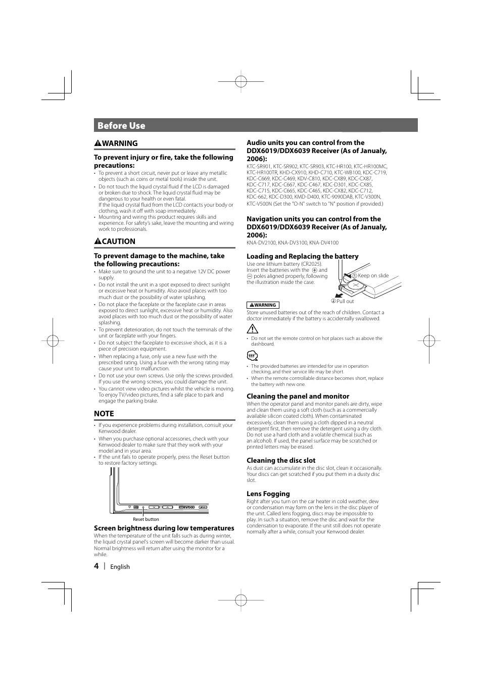 Before use, 2 warning, 2 caution | Kenwood DDX6019 User Manual | Page 4 / 88