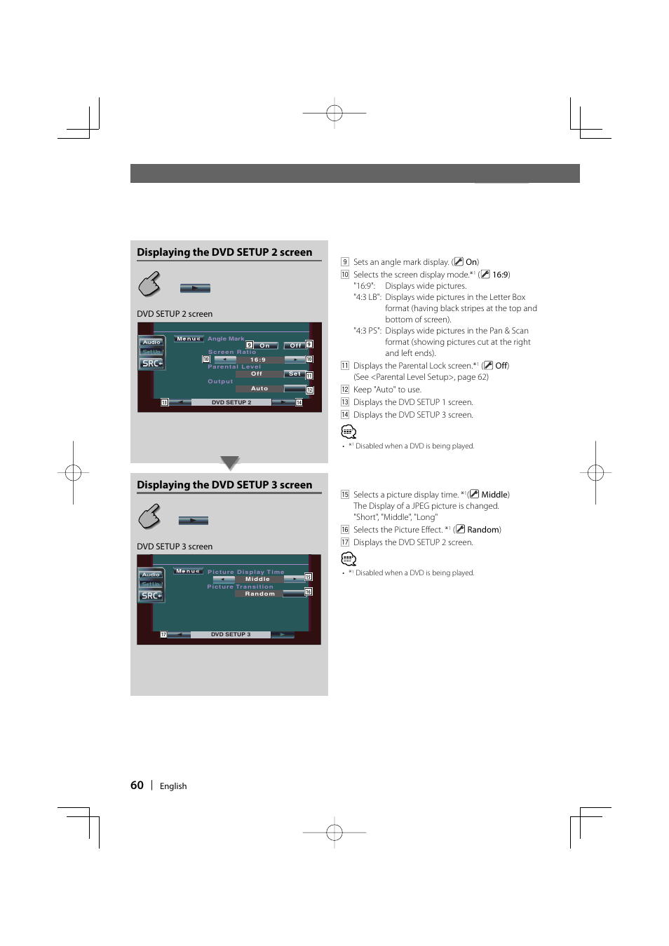 Displaying the dvd setup 2 screen, Displaying the dvd setup 3 screen | Kenwood DDX6019 User Manual | Page 60 / 88