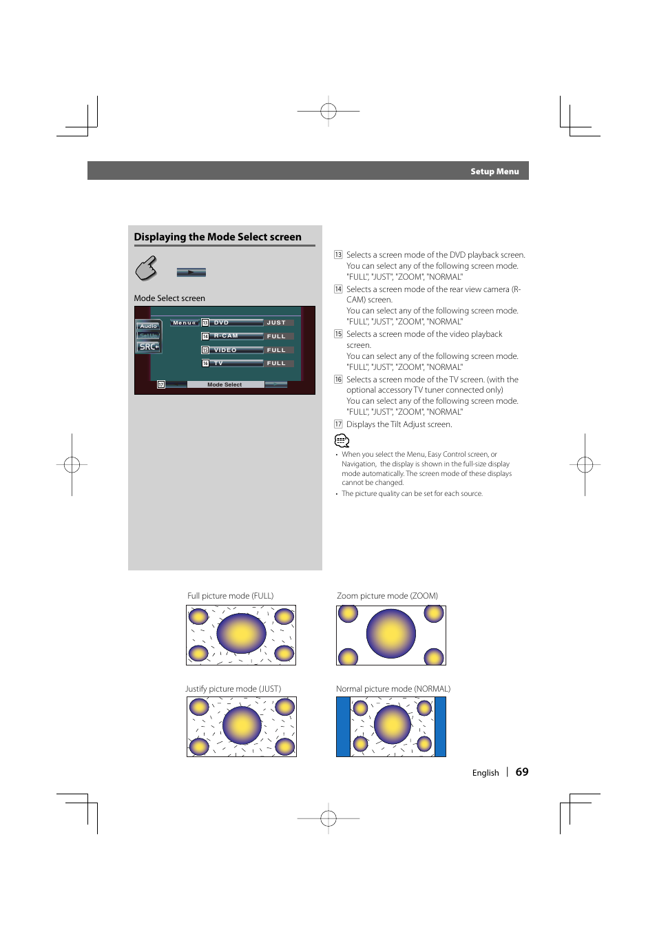 Displaying the mode select screen | Kenwood DDX6019 User Manual | Page 69 / 88