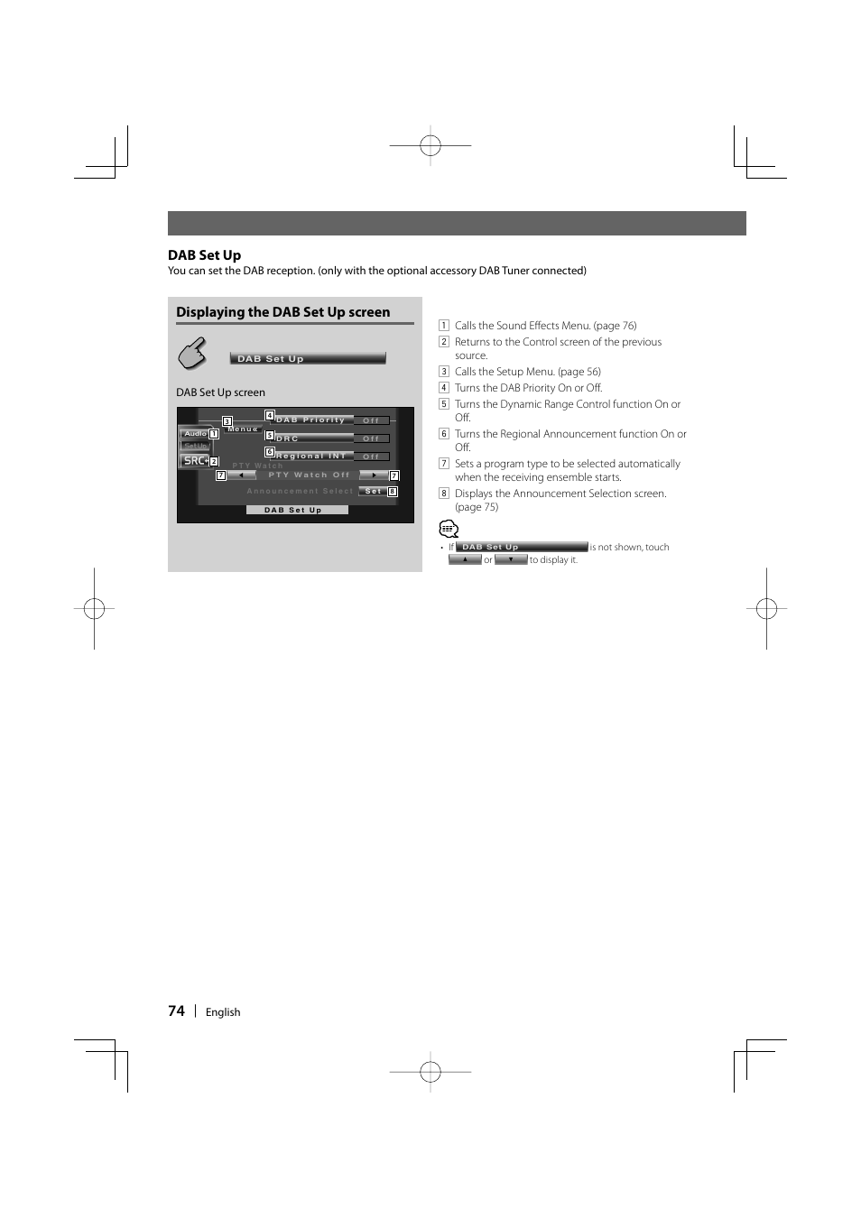 Displaying the dab set up screen, Dab set up | Kenwood DDX6019 User Manual | Page 74 / 88