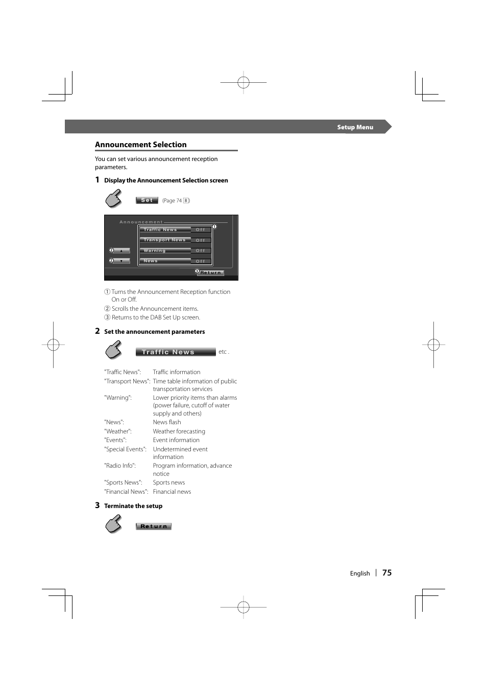 Announcement selection | Kenwood DDX6019 User Manual | Page 75 / 88