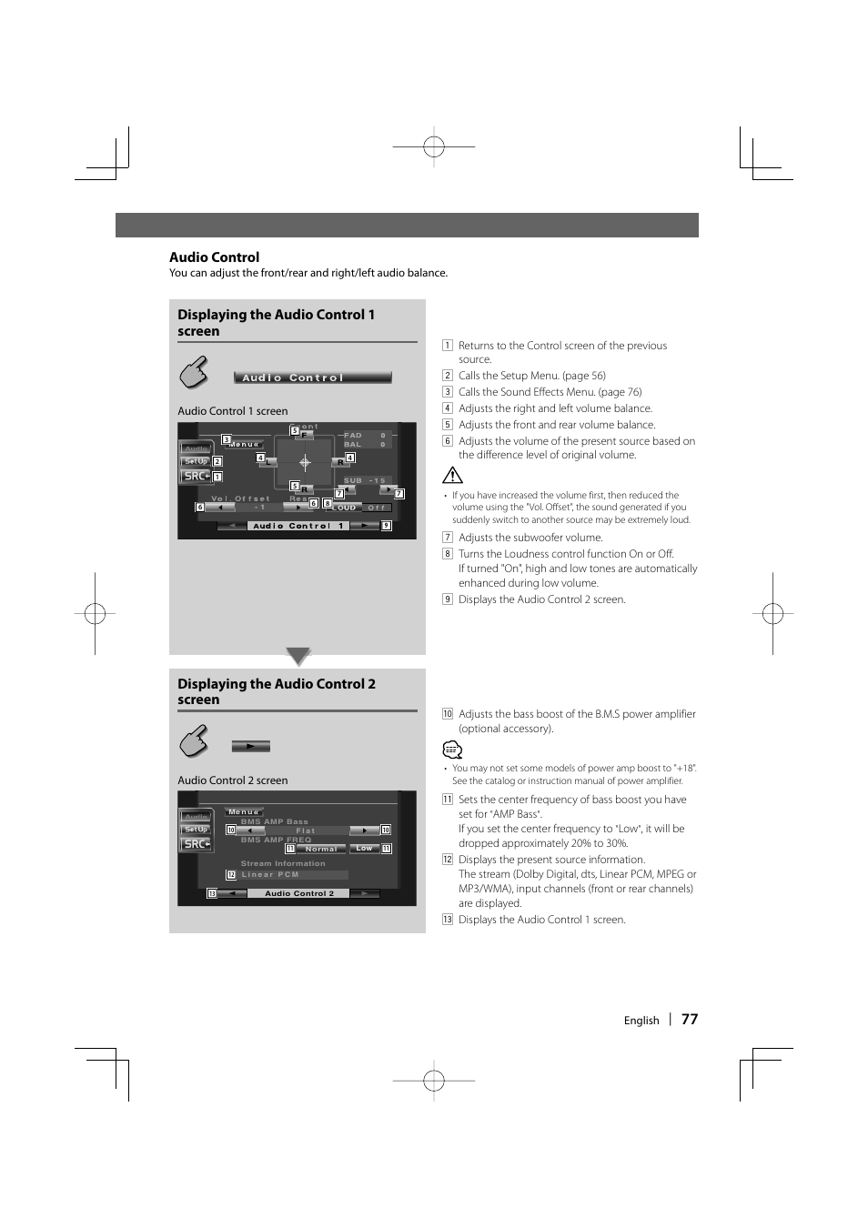 Audio control, Displaying the audio control 1 screen, Displaying the audio control 2 screen | Kenwood DDX6019 User Manual | Page 77 / 88