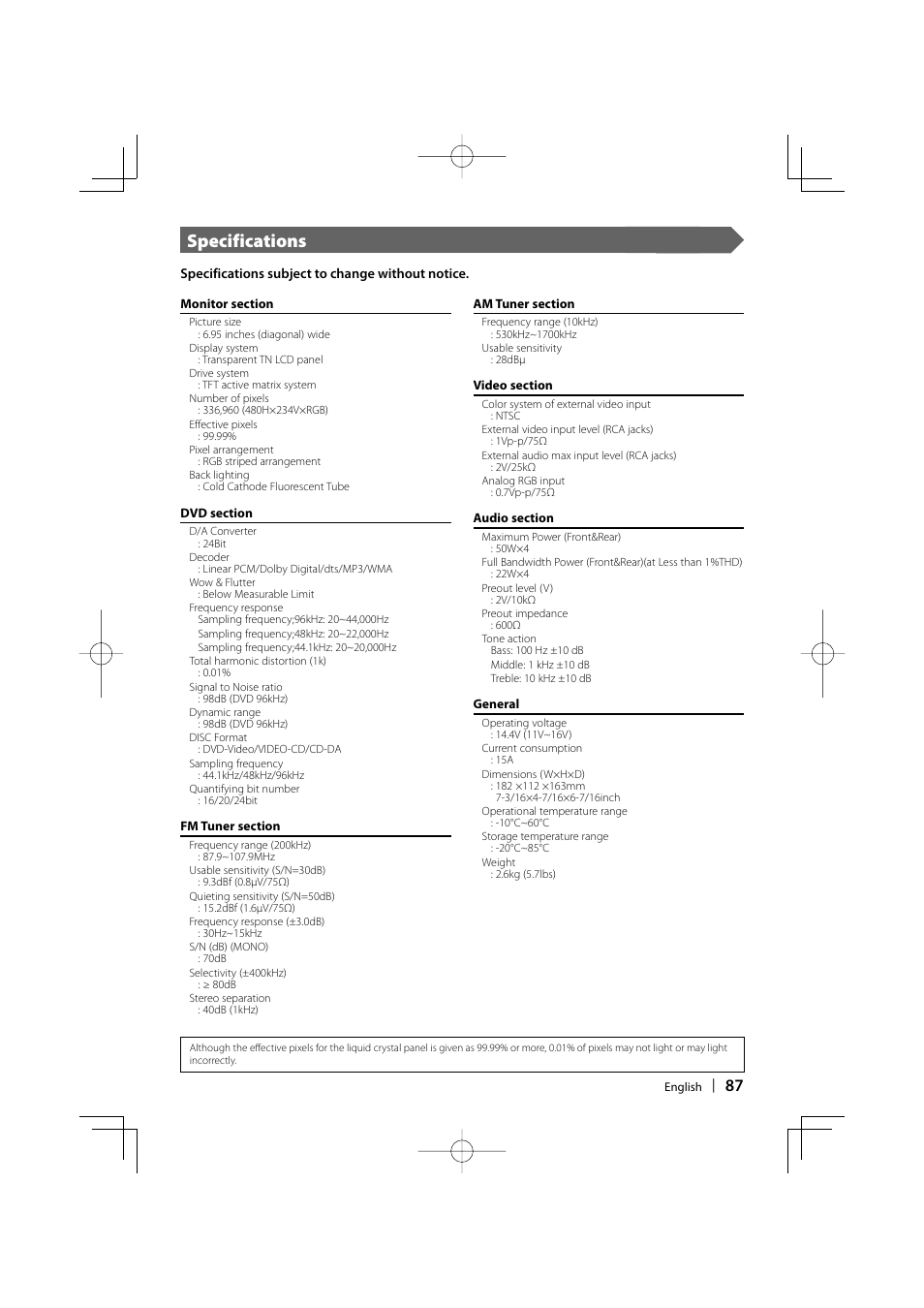 Specifications | Kenwood DDX6019 User Manual | Page 87 / 88