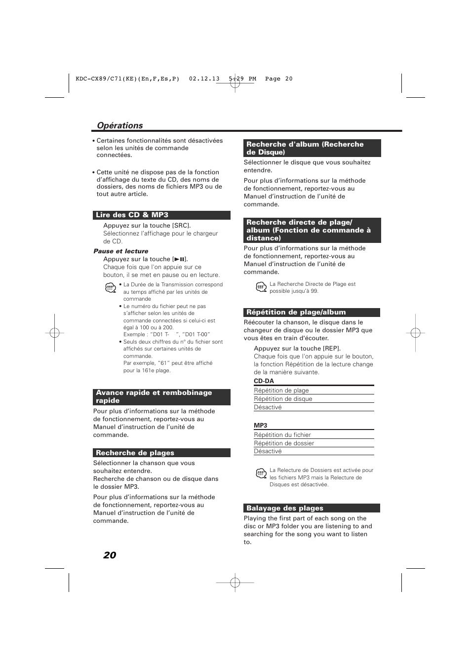 Opérations | Kenwood KDC-C719PM User Manual | Page 20 / 36
