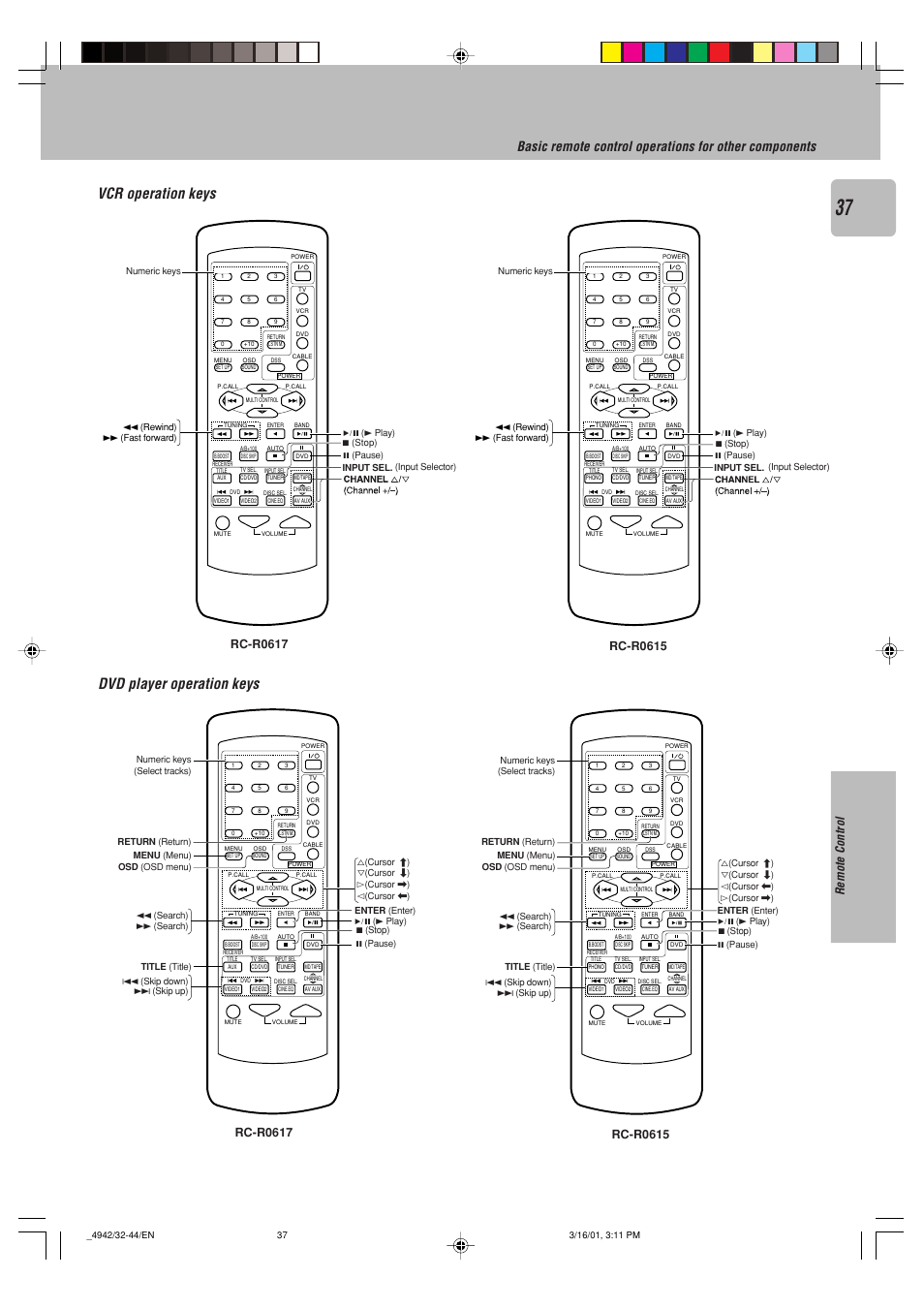 Dvd player operation keys, Vcr operation keys, Remote control | Kenwood VR-505 User Manual | Page 37 / 44