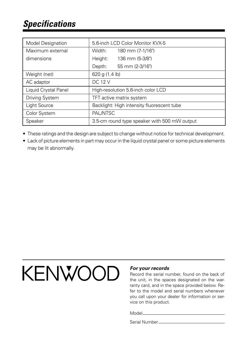 Specifications | Kenwood KVX-5 User Manual | Page 12 / 12