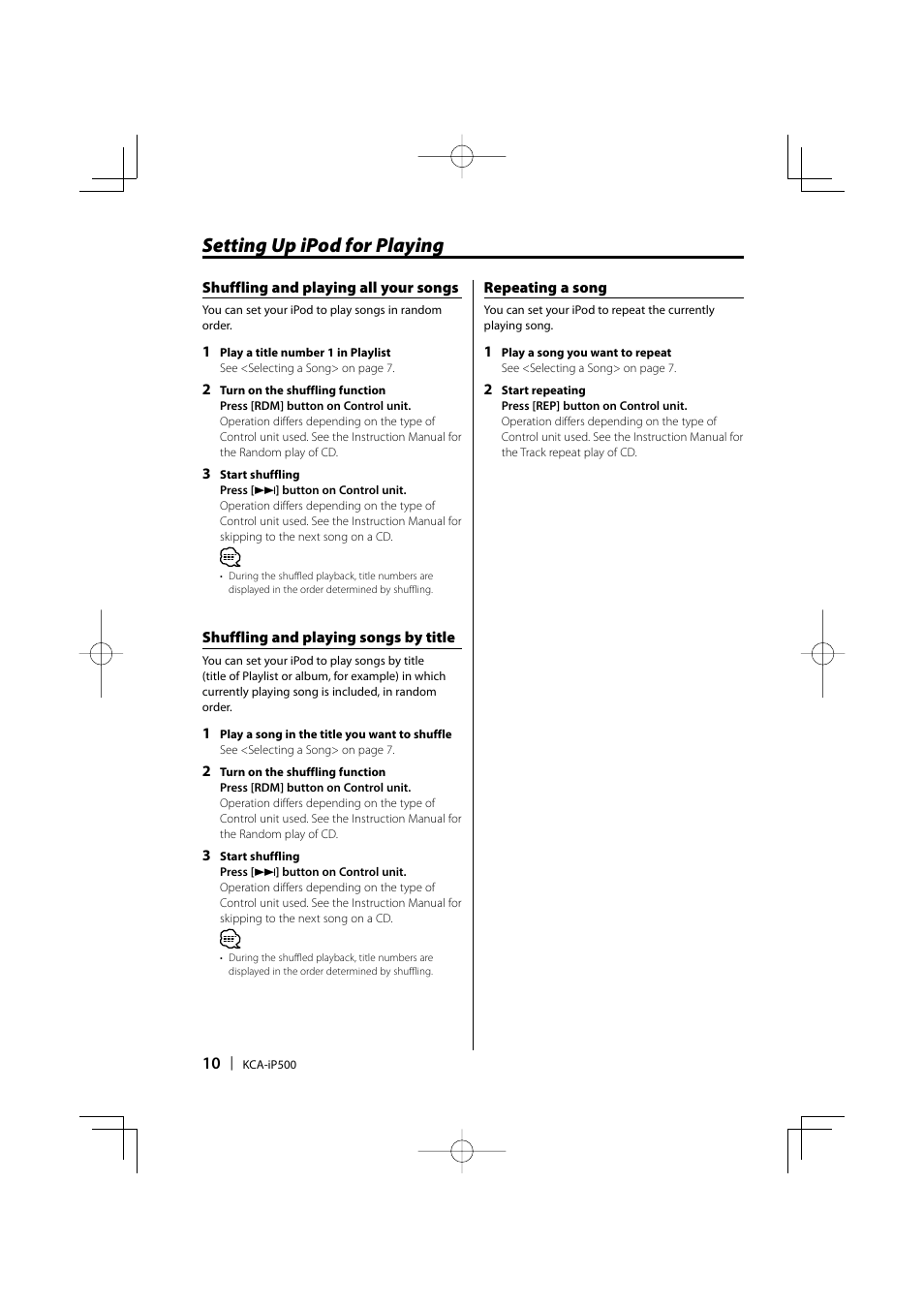 Setting up ipod for playing | Kenwood KCA-iP500 User Manual | Page 10 / 84