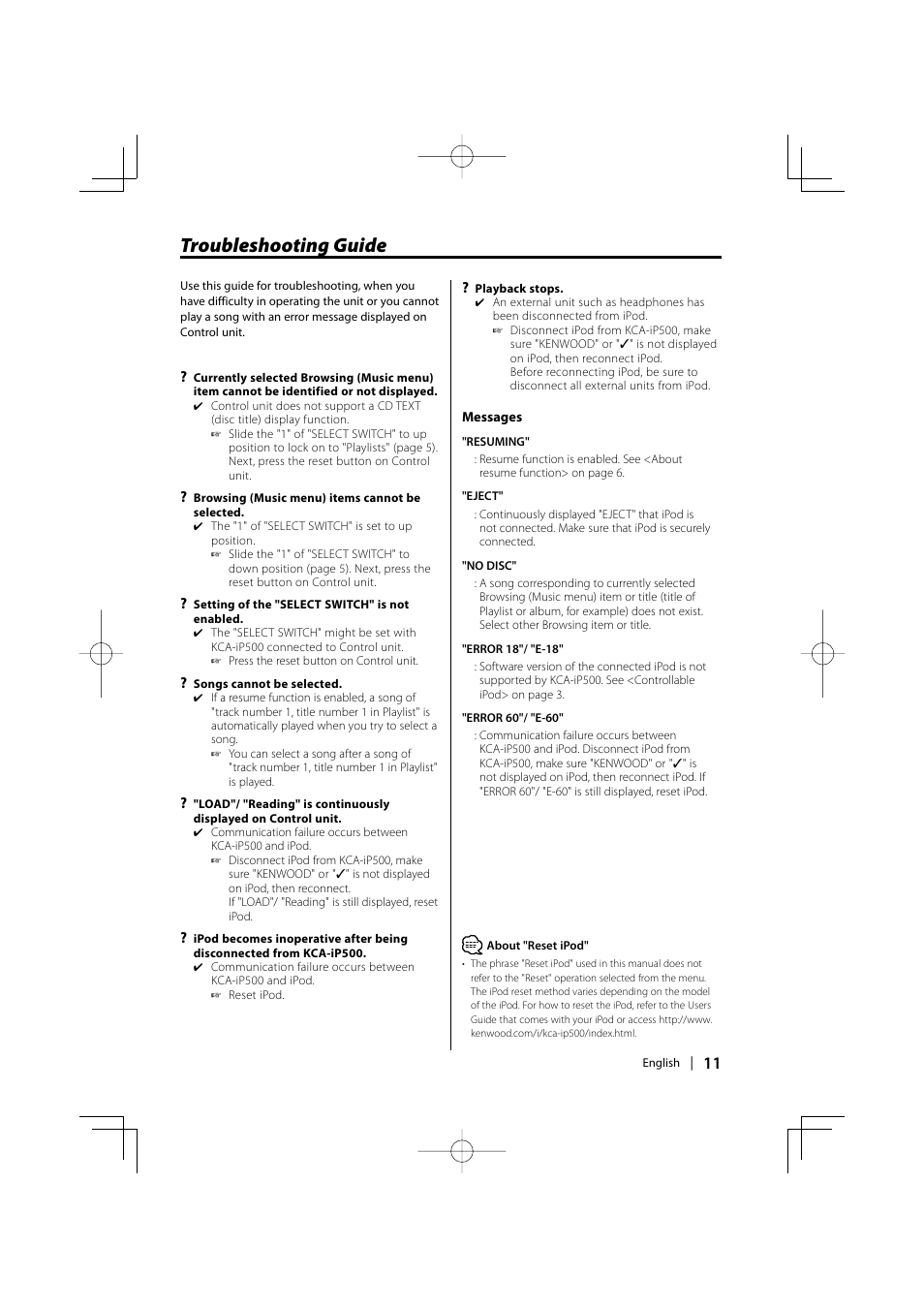 Troubleshooting guide | Kenwood KCA-iP500 User Manual | Page 11 / 84
