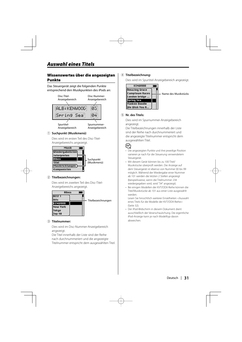 Auswahl eines titels, Wissenswertes über die angezeigten punkte, Alb:kenwood 03 spring sea 04 | Kenwood KCA-iP500 User Manual | Page 31 / 84