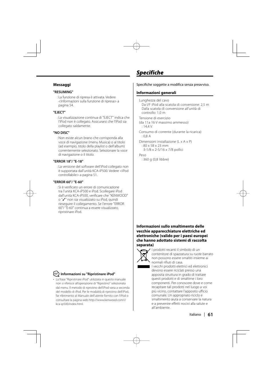 Specifiche | Kenwood KCA-iP500 User Manual | Page 61 / 84