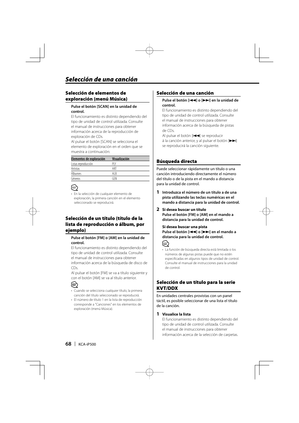 Selección de una canción | Kenwood KCA-iP500 User Manual | Page 68 / 84