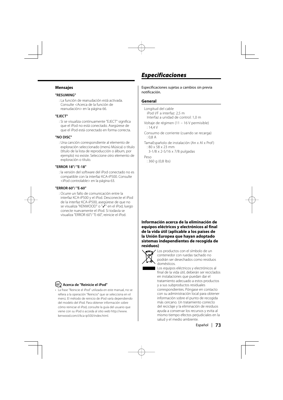 Especificaciones | Kenwood KCA-iP500 User Manual | Page 73 / 84