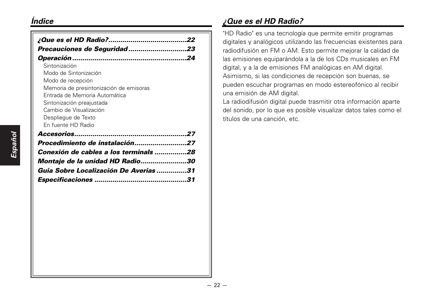 Espanol, Indice, Que es el hd radio | Kenwood KTC-HR100 User Manual | Page 22 / 32