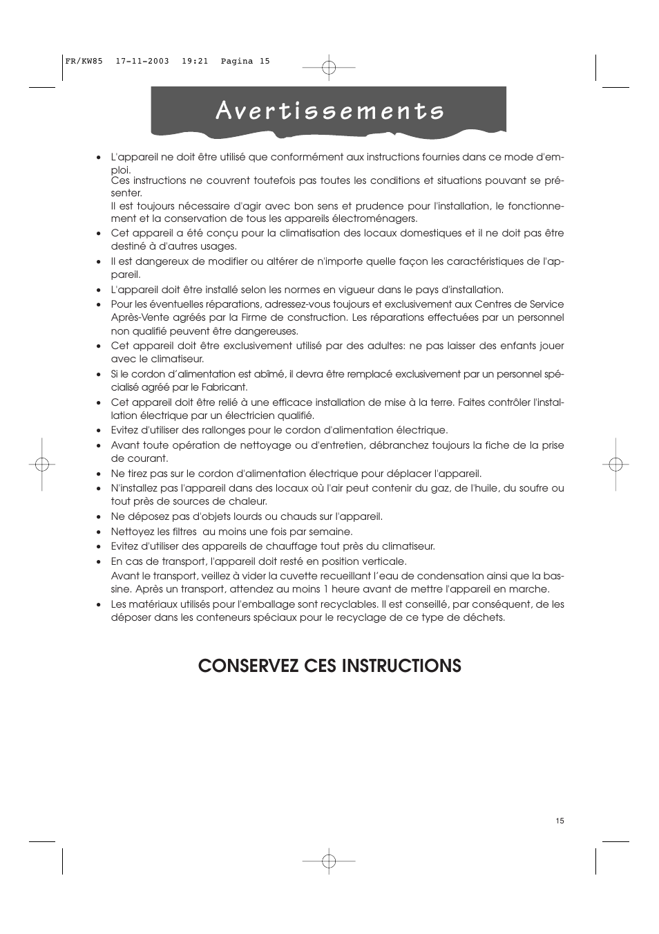Conservez ces instructions | Kenwood KW85 User Manual | Page 28 / 40