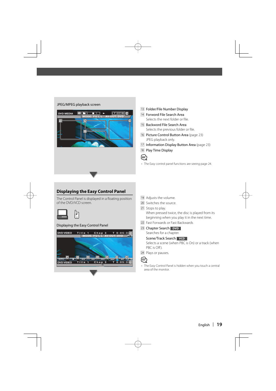 Displaying the easy control panel | Kenwood KVT-747DVD User Manual | Page 19 / 92