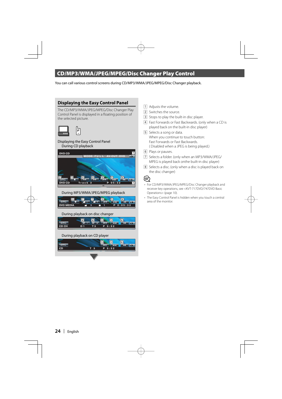 Cd/mp3/wma/jpeg/mpeg/disc changer play control, Displaying the easy control panel | Kenwood KVT-747DVD User Manual | Page 24 / 92