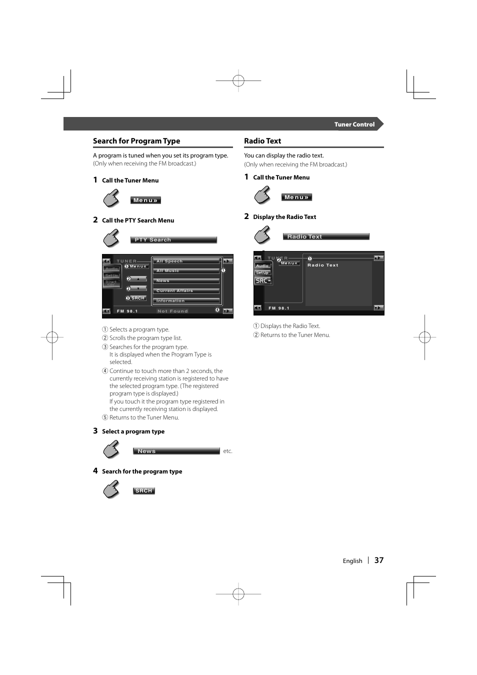 Search for program type, Radio text | Kenwood KVT-747DVD User Manual | Page 37 / 92