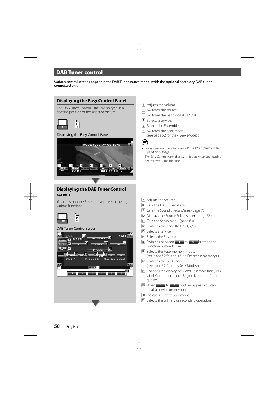 Dab tuner control, Displaying the easy control panel, Displaying the dab tuner control screen | Kenwood KVT-747DVD User Manual | Page 50 / 92