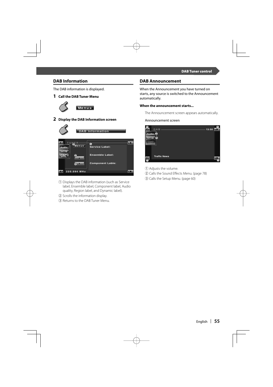 Dab information, Dab announcement | Kenwood KVT-747DVD User Manual | Page 55 / 92