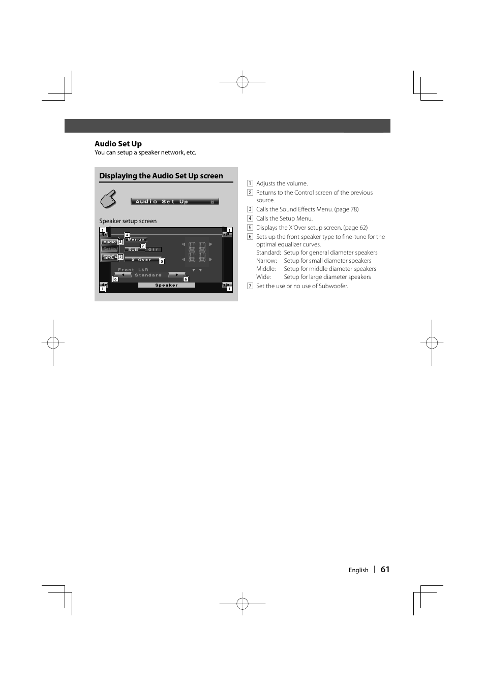 Audio set up, Displaying the audio set up screen | Kenwood KVT-747DVD User Manual | Page 61 / 92