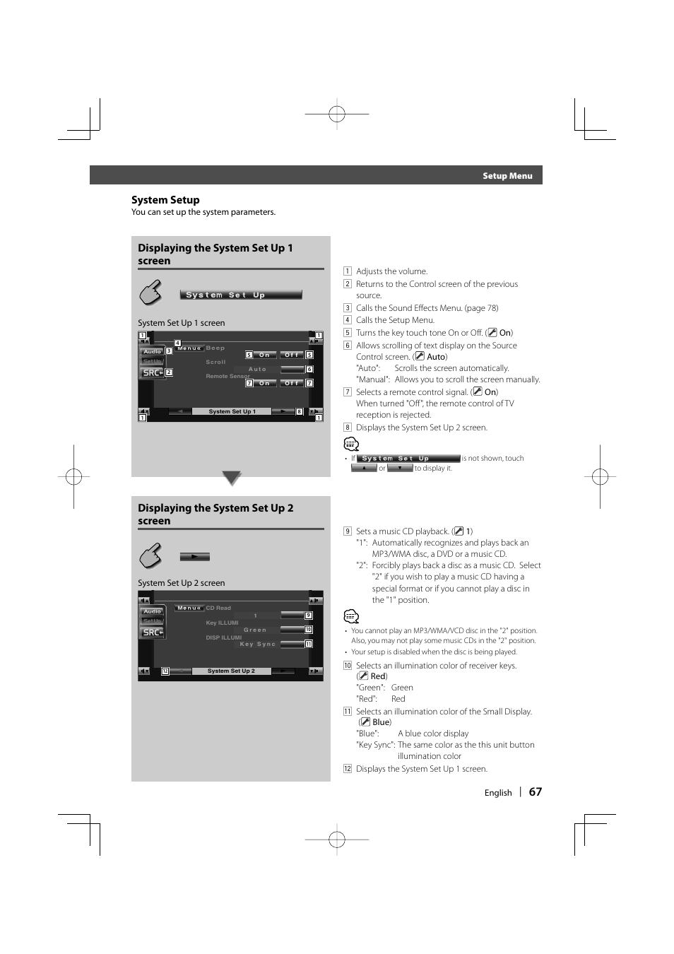 System setup, Displaying the system set up 1 screen, Displaying the system set up 2 screen | Kenwood KVT-747DVD User Manual | Page 67 / 92