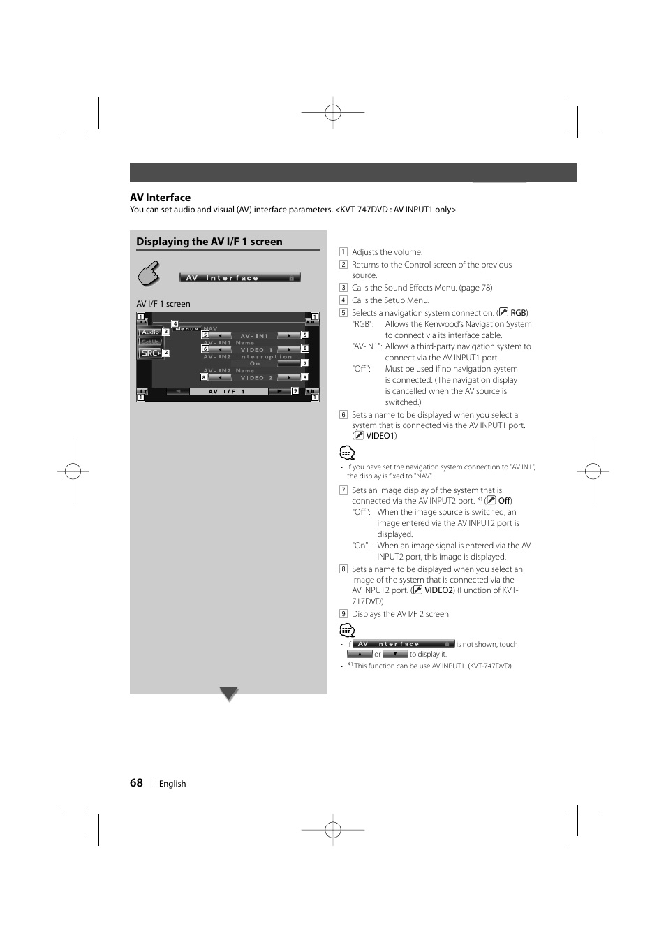 Control during dvd video or video cd playback, Av interface, Displaying the av i/f 1 screen | Kenwood KVT-747DVD User Manual | Page 68 / 92
