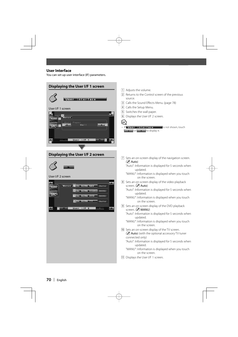 Control during dvd video or video cd playback, User interface, Displaying the user i/f 1 screen | Displaying the user i/f 2 screen | Kenwood KVT-747DVD User Manual | Page 70 / 92