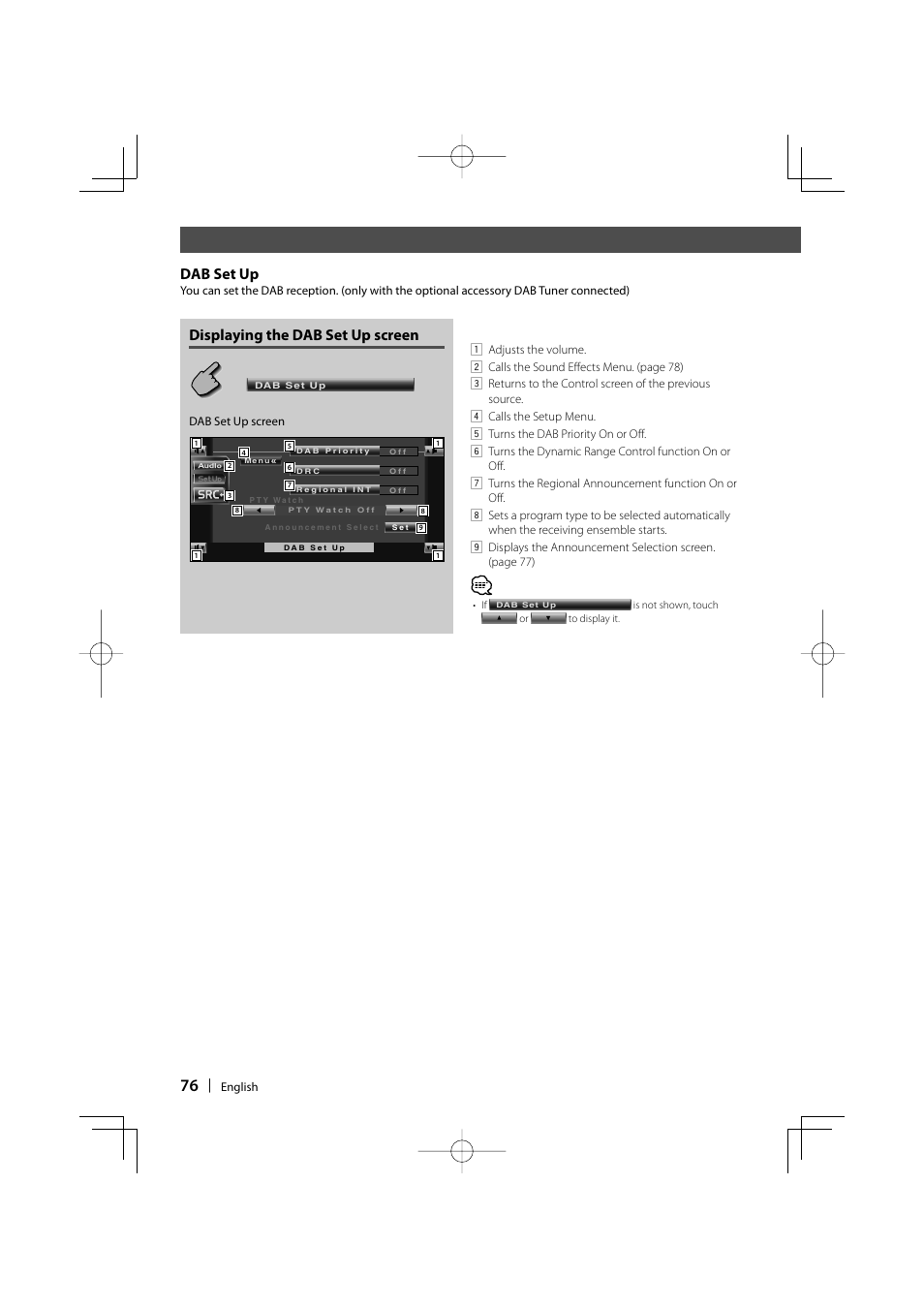 Dab set up, Displaying the dab set up screen | Kenwood KVT-747DVD User Manual | Page 76 / 92
