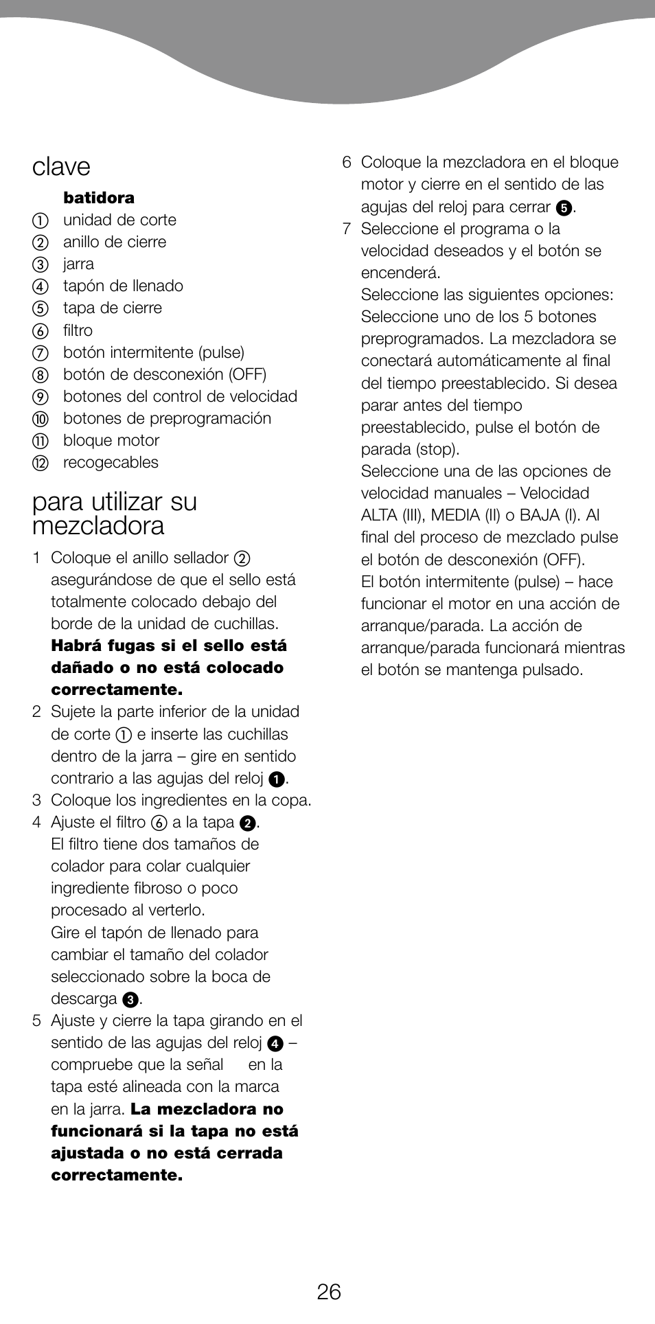 Clave, Para utilizar su mezcladora | Kenwood BL650 User Manual | Page 26 / 67