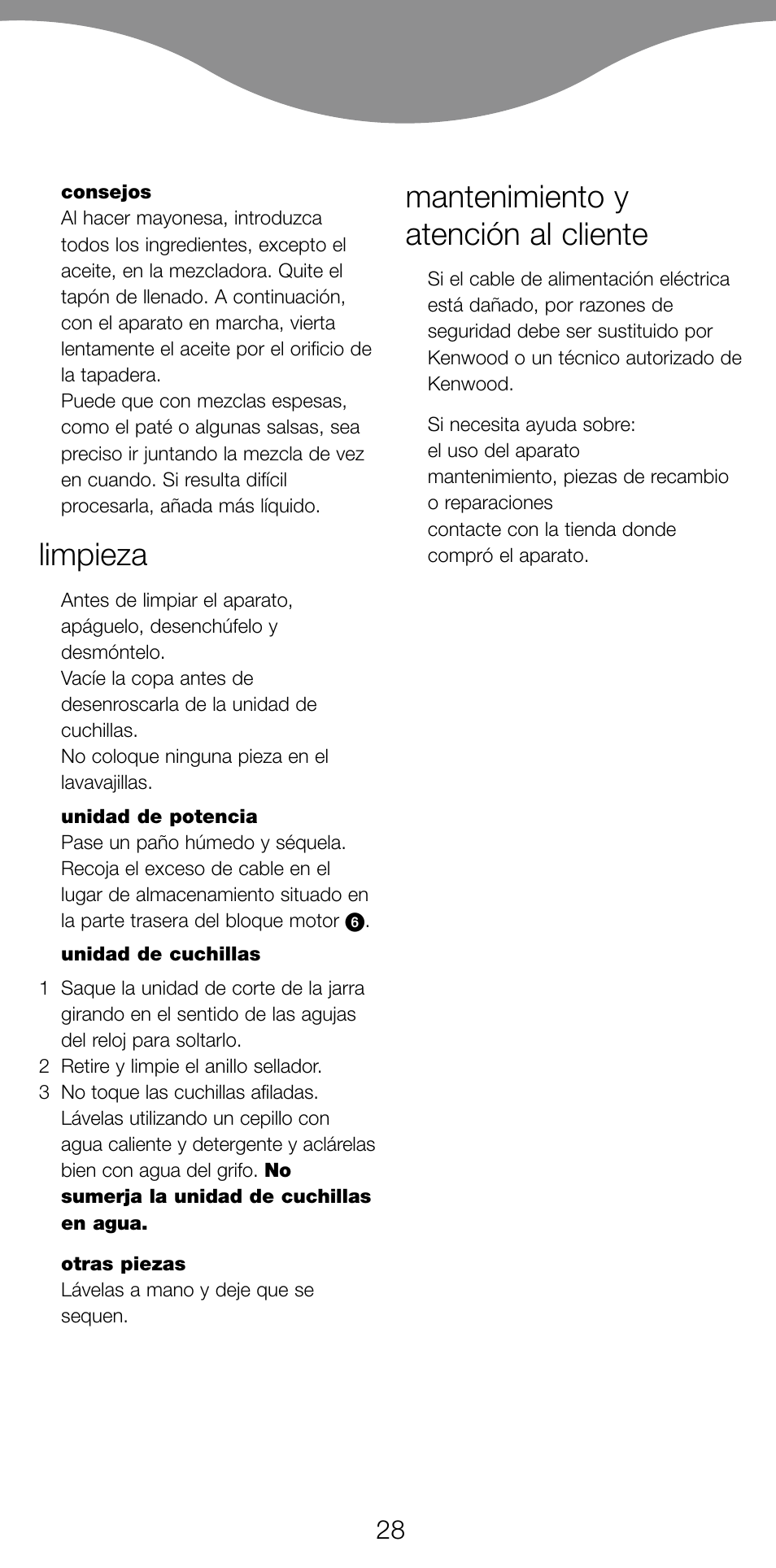 Limpieza, Mantenimiento y atención al cliente | Kenwood BL650 User Manual | Page 28 / 67