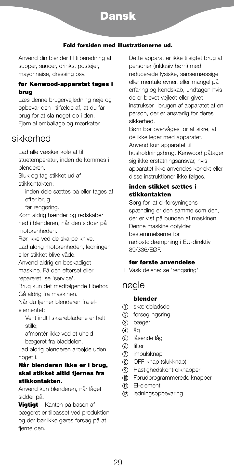 Dansk, Sikkerhed, Nøgle | Kenwood BL650 User Manual | Page 29 / 67