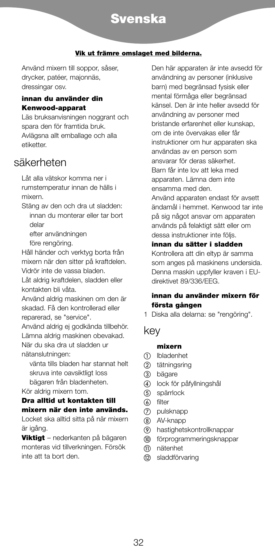 Svenska, Säkerheten | Kenwood BL650 User Manual | Page 32 / 67