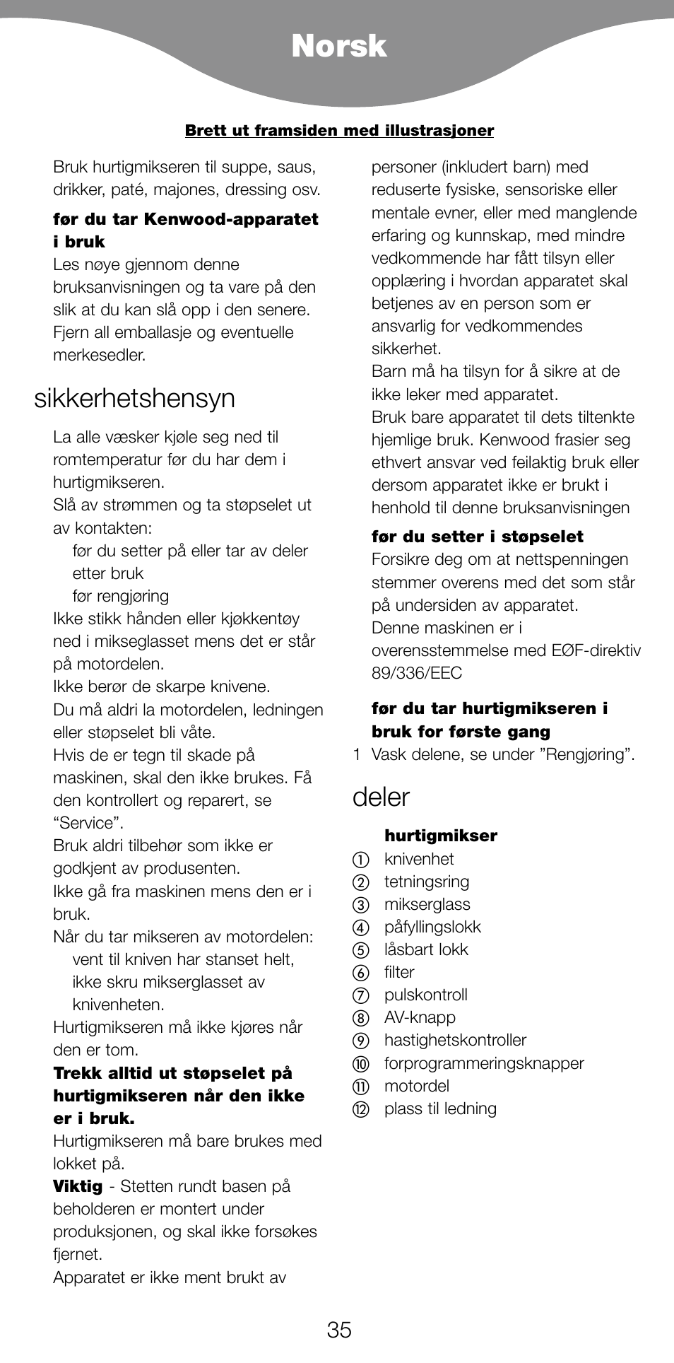 Norsk, Sikkerhetshensyn, Deler | Kenwood BL650 User Manual | Page 35 / 67