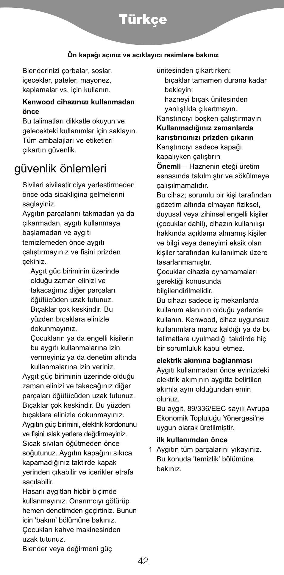 Türkçe, Güvenlik önlemleri | Kenwood BL650 User Manual | Page 42 / 67
