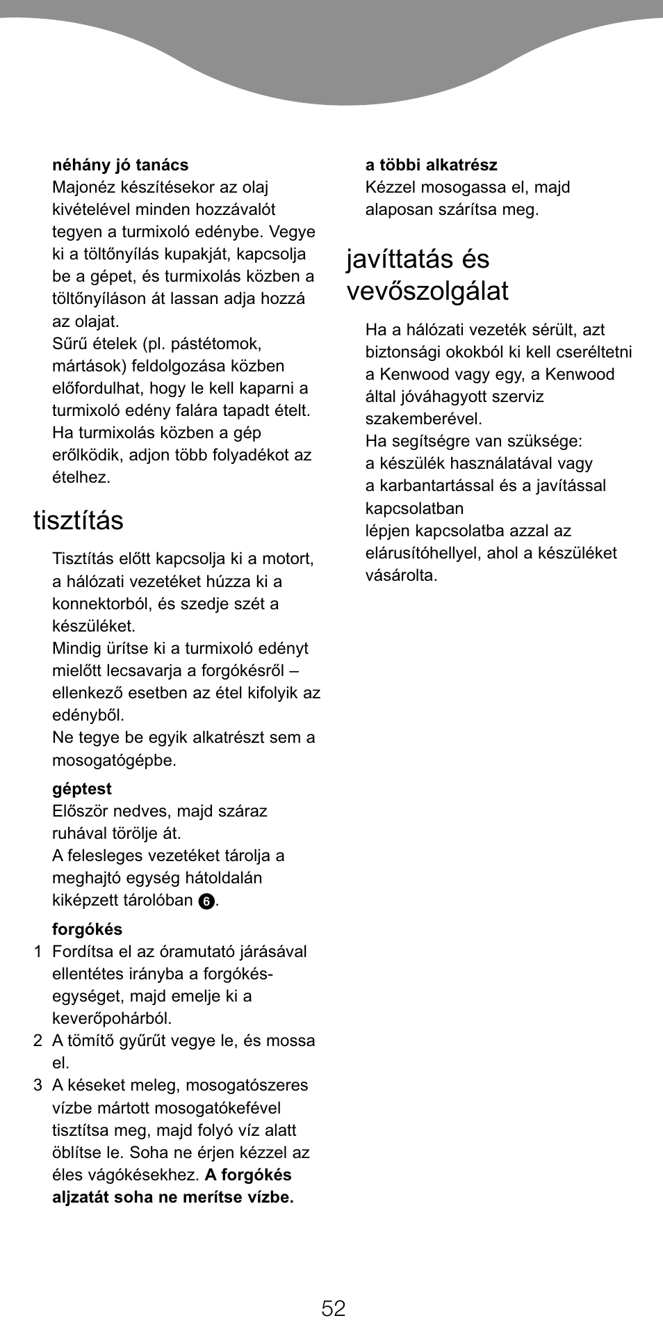 Tisztítás, Javíttatás és vevòszolgálat | Kenwood BL650 User Manual | Page 52 / 67