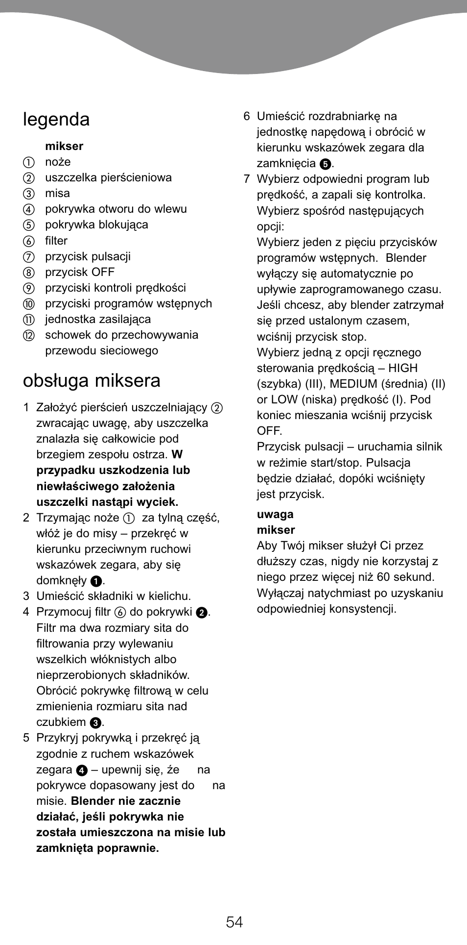 Legenda, Obsługa miksera | Kenwood BL650 User Manual | Page 54 / 67
