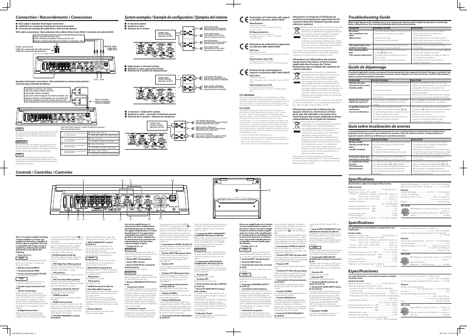 Troubleshooting guide, Guide de dépannage, Guía sobre localización de averías | Specifications, Spécifications, Especificaciones | Kenwood KAC-8405 User Manual | Page 2 / 2