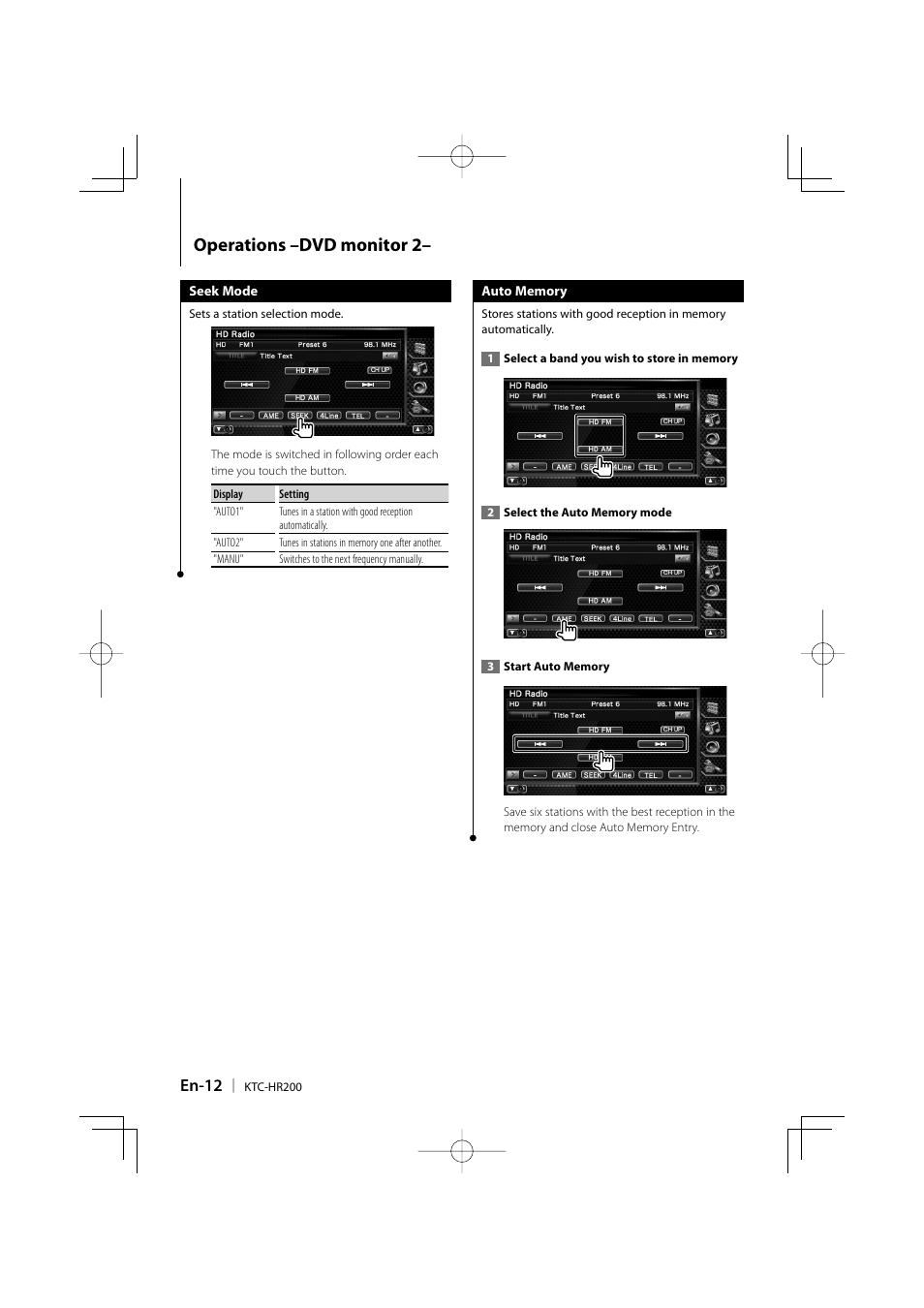 Operations –dvd monitor 2, En-12 | Kenwood KTC-HR200 User Manual | Page 12 / 52